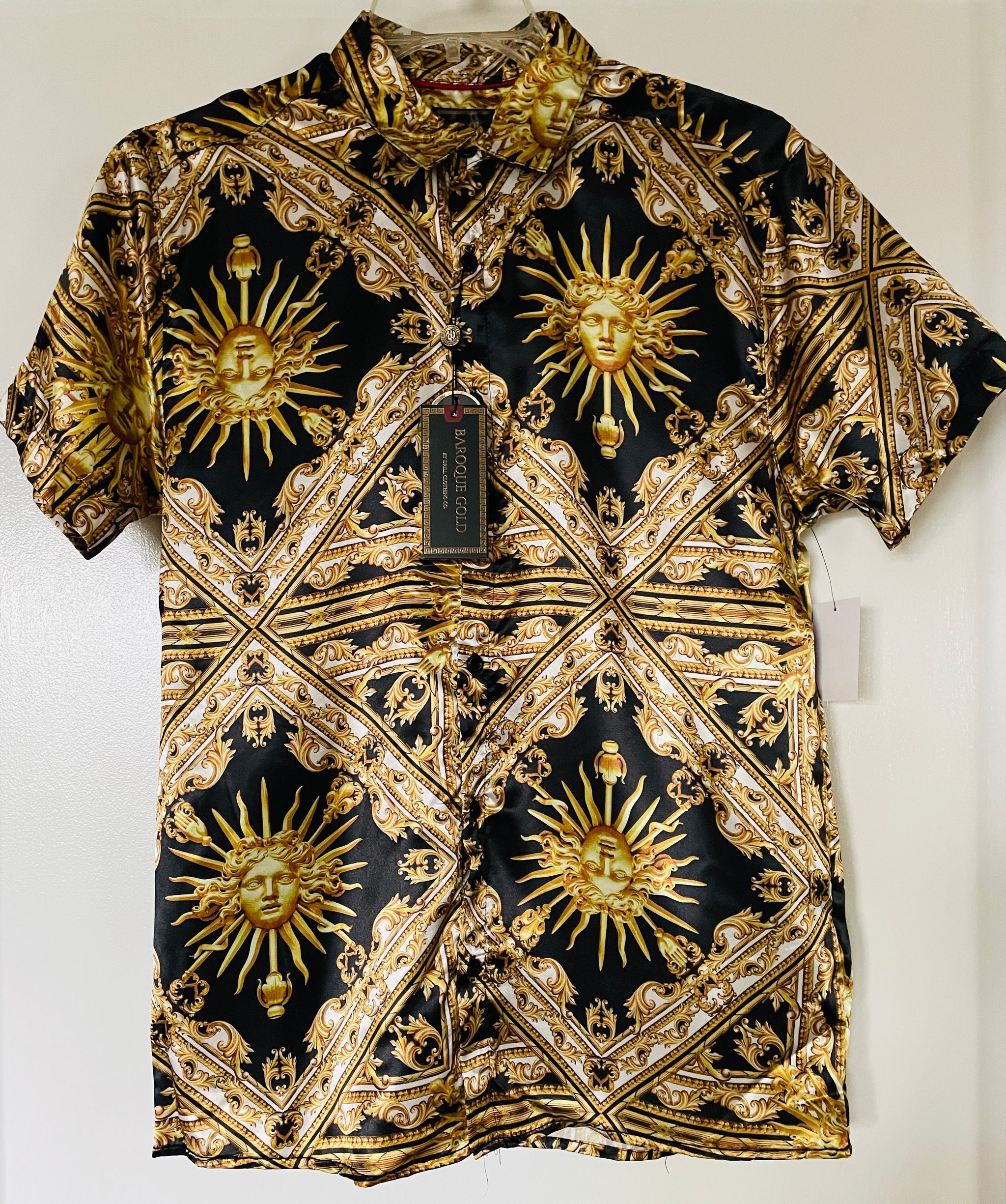 Men's Baroque Black Gold Print Short Sleeve Button Down Shirt Soft Classic Fit